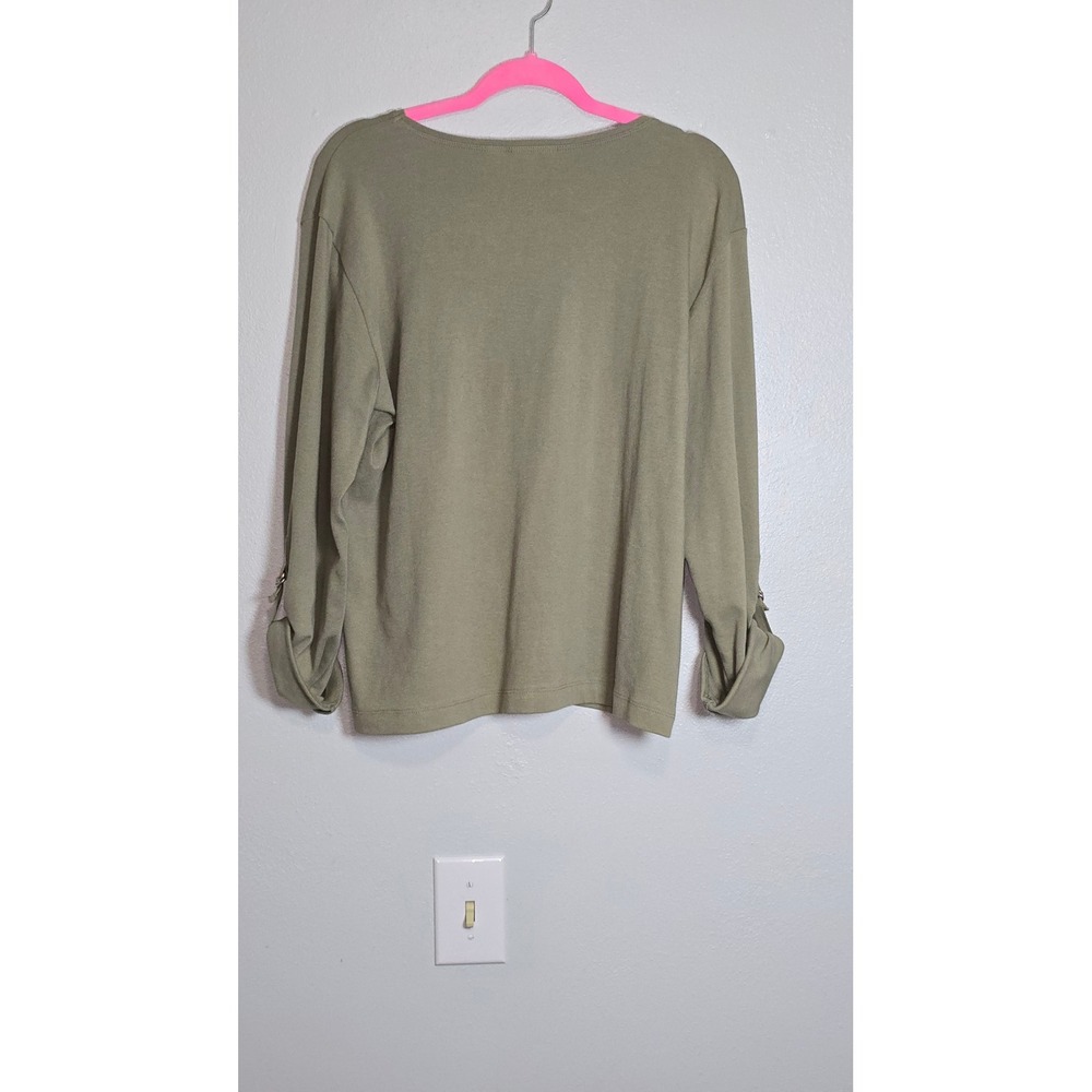 Chico's Design Olive Green Roll Tab Sleeve Top Size 3 XL Cotton Blend Knit
